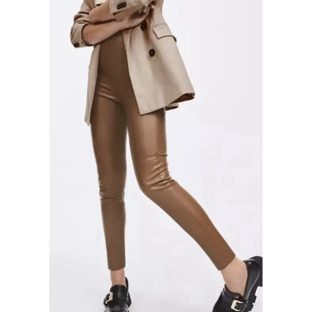 New Zara Camel Hi-Rise Faux Leather Skinny Leggings Women's Size Small‎